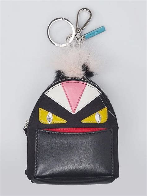 Black Leather and Nylon Monster Eyes Fur Key Chain and Bag 